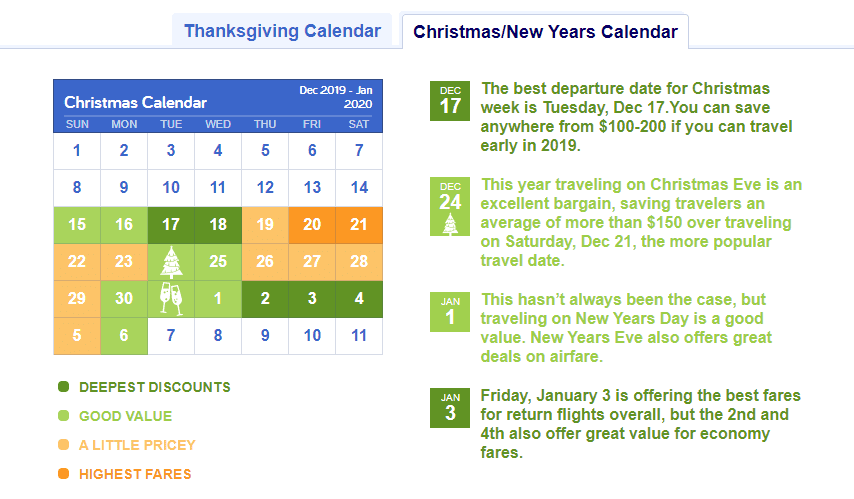 christmas calendar holiday airfare